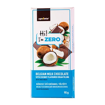 KÓKUSZ ÍZŰ KRÉMMEL TÖLTÖTT BELGA TEJCSOKOLÁDÉ KÓKUSZRESZELÉKKEL, ÉDESÍTŐSZEREKKEL 90G UPDATE