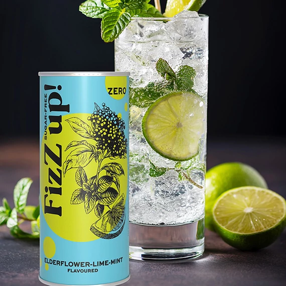 FiZz up! csípős bodza, lime, menta ízű szénsavas üdítőital, édesítőszerekkel